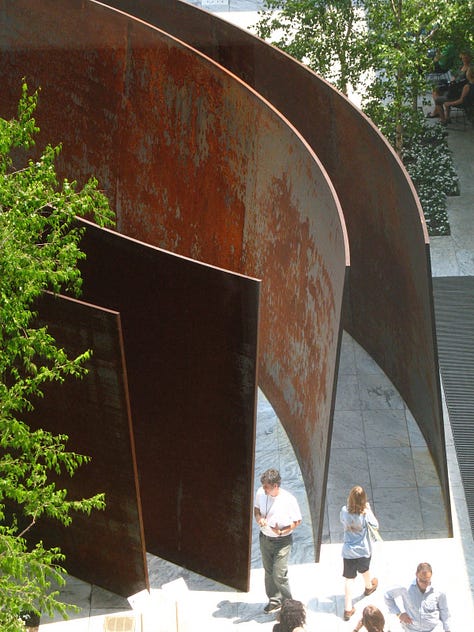 six images of Richard Serra's sculptures in the sculpture garden at the Museum of Modern Art in New York City, 2007