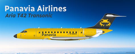 The current Panavia Airlines fleet: 1) Aria T42 Transonic, 2) Aria T102 Transonic, 3) Aria T152 Transonic, 4) Aria T202 Transonic, 5) Boeing 737-700, 6) Boeing 737-800, and 7) Boeing 737 MAX 8 - all shown in side view.