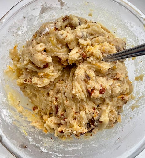 a bowl with batter and orange zest, then with a mixed very thick batter, and last powdered sugar and orange juice to mix for a glaze