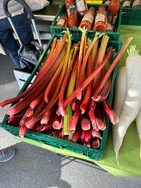 Rhubarb from Mick Klug Farm (in my kitchen), at the Mainz market, and at a market in Mannheim.