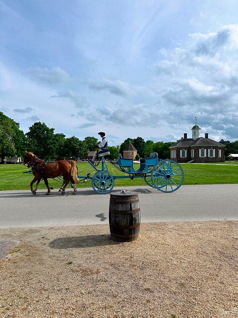 Pictures of a colonial house at Jamestown, a horse and buggy in a historic city, and author on the Yorktown battleground
