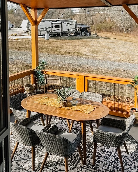 A few of our patio zones: Dining, Lounge, Zen, Plants