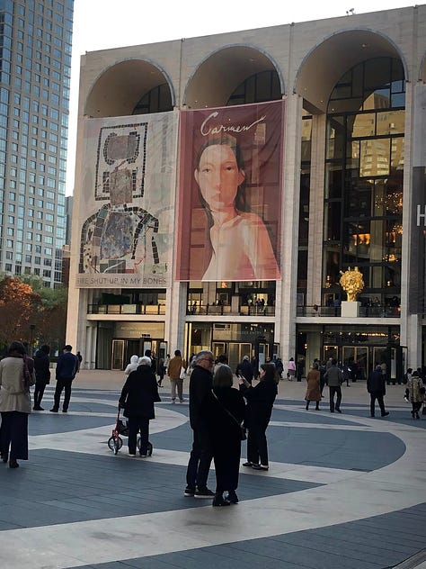 Metropolitan Opera in NYC exterior, Met lights, playbill