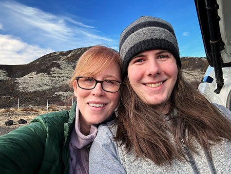 Myself and my son looking sleepy at Grábrók and the views climbing up the crater and across the lava fields.