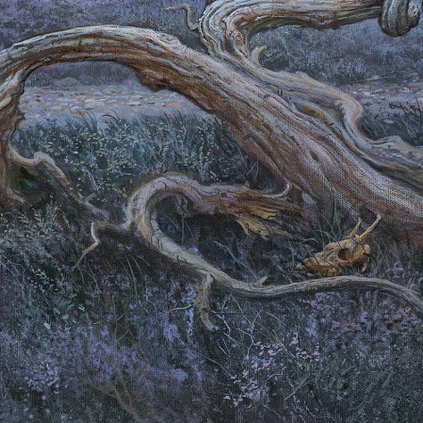 LEFT: Detail of OUTSIDE ELURIA featuring Roland standing on a low, desiccated branch to get a better view of the road ahead. Sunset casts lavender shadows on the tall butte that runs behind him. CENTER: Close detail from OUTSIDE ELURIA featuring the curling, desiccated tree that barely climbs off the ground. The skull of a horned herd animal lies among the cracked branches lying in the scrub. RIGHT: Detail from OUTSIDE ELURIA featuring the town squatting on the horizon with a full moon hanging overhead and birds circling ominously in silhouette.