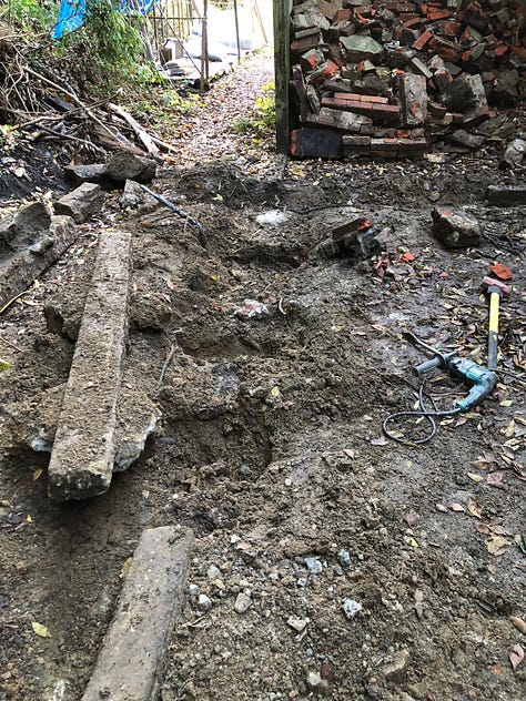 Site cleared of debris, removing the old foundation, digging the new footings, building squared wooden forms for the concrete, and the build science detail.