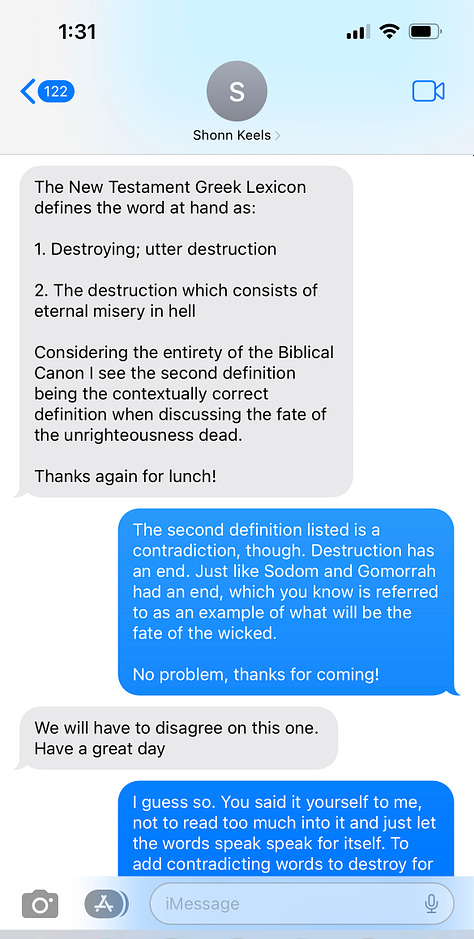 Screenshots of text messages between Dr. Shonn Keels and Brennen Mahaffey