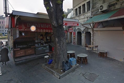 LEFT TO RIGHT: The Rüstem Pasha Mosque (foreground) is dwarfed by the much larger Süleymaniye Mosque; The two small entry doors behind a kebab stand; Shops beneath the mosque.