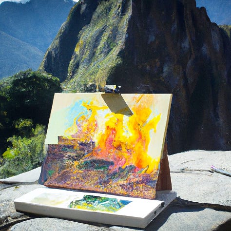 Landscape paintings of Machu Picchu on fire being painted on an easel on Machu Picchu 