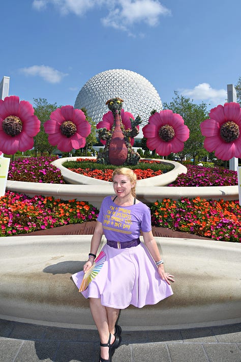 A pagan altar set with candles, ribbons, tarot cards, and votives | Cass in Star Wars cosplay in front of an A-Wing | Cass in a purple shirt and skirt in front of flowers in front of the EPCOT geodesic sphere