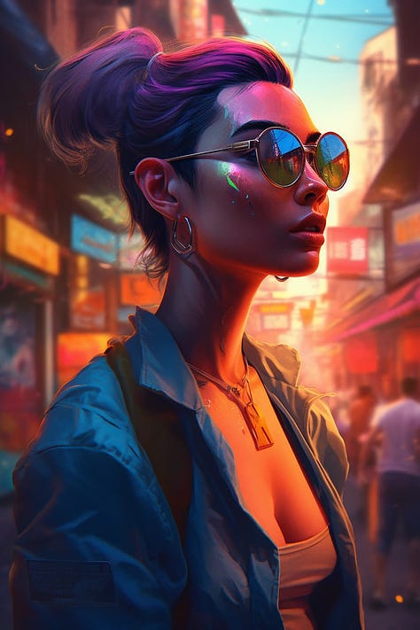 a tattooed girl in colored clothing with sunglasses in the style of 2d game art comic illustration, hyperrealistic, cityscape, luminescent color scheme, anime aesthetic, highly detailed, sharp & vivid colors, intense gaze, daytime urban background