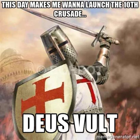 The Deus Vult meme followed by the Triggered meme, and an Extinction Rebellion protest