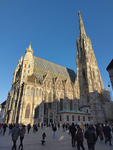 Photos of the exterior and interior of the Stephansdom, a 14th century Gothic cathedral in Vienna.