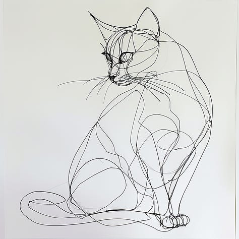 Cat, tulip, person one-line drawings by Midjourney V6