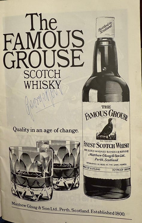 Photos of a Famous Grouse advert in the rugby match programme with George Best's autograph in blue pen