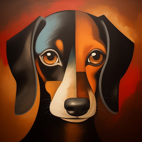 Abstract cubist painting blended with a portrait phot of a Dachshund