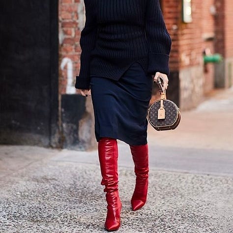 Red shoes. Boots. High boots. Ballerinas.