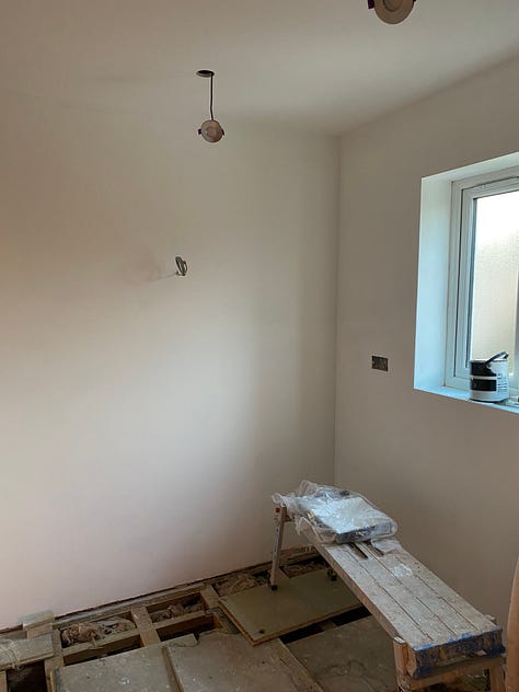 bathroom ceiling painted, walls with a mist-coat and second wall still drying out from the plastering