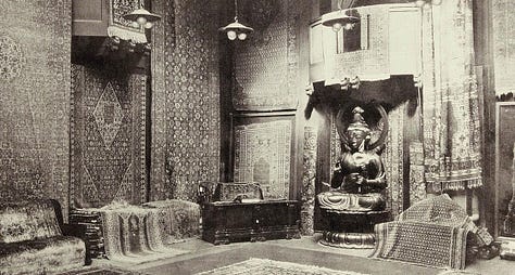 Arthur Lasenby Liberty (the founder of Liberty) and images of the original 'bazaar' style interiors and fabric rooms.