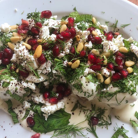 Peaches in yoghurt with mint, yoghurt mint, pomegranates, prosciutto necatarine salad, broccoli salad, tomato salad with burrata, heirloom tomatoes 