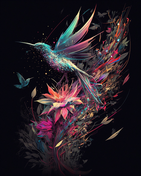 Abstract art images of birds and musical notation