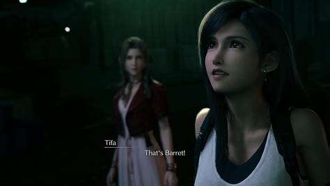 Tifa: "That's Barret!" - Barret sprays bullets towards a helicopter - Aerith to Marlene: "You mean Barret? Yep. He's there too."