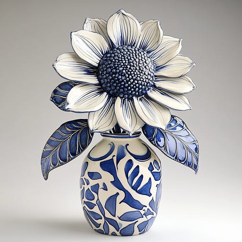 Sunflower, owl, hat + blue and white pottery in Midjourney