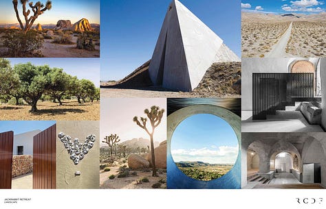 Screenshot images of architectural and mood design inspiration boards for future-state Jackrabbit Studios.