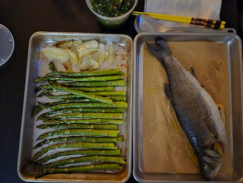 Left: sheet trays of roasted asparagus and onions and one of whole branzino.  Center: a branzino filet topped with salsa verde.  Right: salad topped with shredded mozzarella.