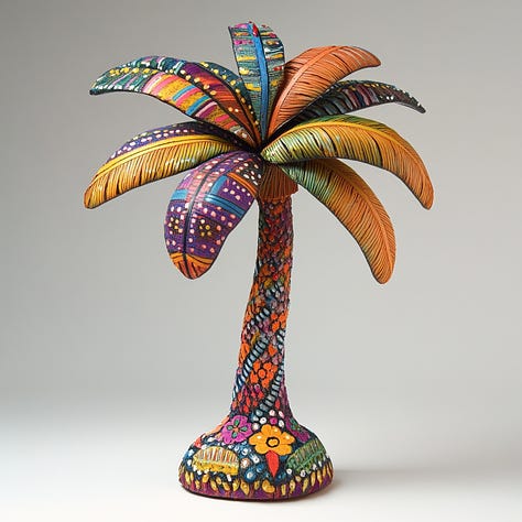 Gnome, palm tree, spaceship, alebrije in Midjourney