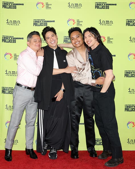 Photo of Filipino Playwright Nicholas Pilapil, actors on stage, actors in front of step and repeat.