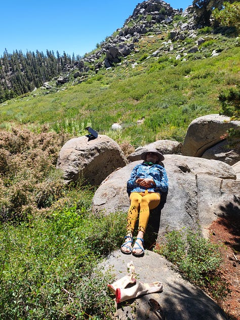 images of the granite and greenery of the majestic southern Sierra Nevada: Melanie and John at a bridge, PCT sign posts, mid-day nap,storm clouds coming, and atop Mt. Whitney at 14,505 feet