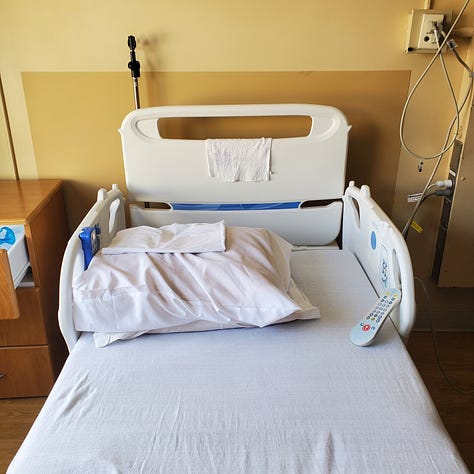 A photo of an unmade patient bed, a photo of my selfie with a smile crowwing a thumb and an index finger to form a mini heart, a hospital recliner with a side table