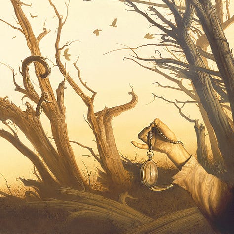 LEFT: Detail featuring Roland Deschain in leather duster and cowboy hat standing in front of barren trees with branches curling in the shape of the number 9. CENTER: Close detail featuring Roland Deschain resembling Clint Eastwood. He wears leather duster and handstitched cowboy hat. With his left hand, he holds the strap of bag slung over his shoulder. RIGHT: Close detail featuring a hand holding out a pocket watch. The index and middle finger are missing, so the chain is pinched between thumb and ring finger. The little hand points down while the big hand points straight up. The second hand approaches six. Several birds soar in various states of flapping wings through the background past barren trees