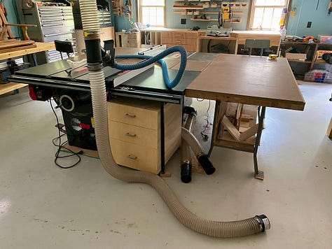 Photos of a woodworking shop showing a miter station and table saws.