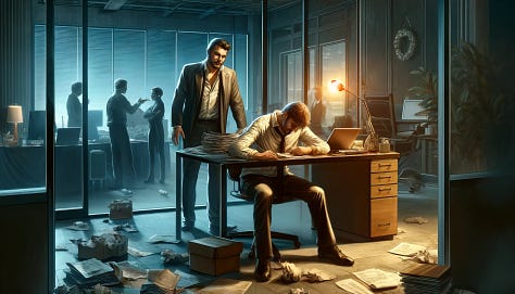 A detailed digital painting of an Overachiever in a corporate office, dressed in a simple but professional outfit, exhausted and working late, stacks of papers and a laptop in front of them. Background is a dimly lit office with a view of the dark city outside, fluorescent lights casting a harsh glow. Created Using: digital art, sharp details, somber tones, realistic lighting, minimalist design, modern setting, dynamic composition, professional environment;  A detailed digital painting illustrating the aftermath of the confrontation in a corporate office. The Narcissist, looking triumphant, is seen in the background while the Overachiever, now slumped over a desk, appears defeated. Background includes a messy office with scattered papers, dim lighting emphasizing the somber mood. Created Using: digital art, dramatic contrast, emotional expressions, realistic lighting, detailed textures, modern setting, evocative composition, professional environment;  A detailed digital painting of an Overachiever practicing yoga in a serene beach setting, wearing comfortable clothing, performing a tree pose at sunrise. Background includes a calm ocean and a pastel sky, soft waves lapping at the shore. In the distance, a Narcissist is posing for photos, dressed stylishly. Created Using: digital art, warm tones, tranquil ambiance, natural lighting, detailed sand and water, peaceful composition, outdoor setting;