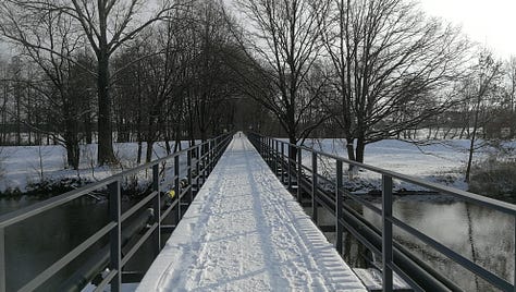 Frozen lakes and fields, and a snow-covered pedestrian bridge, hiking through the Spreewald in winter.