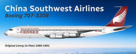 A selection of aircraft types formerly used by China Southwest Airlines: 1) Boeing 707-120; 2) Boeing 707-320B, 3) Tupolev Tu-154M, 4) Boeing 757-200, 5) Boeing 767-300ER, 6) Boeing 737-800, 7) Sukhoi SSJ100, 8) Tupolev Tu-214, and 9) Boeing 737-300 - all shown in side view.