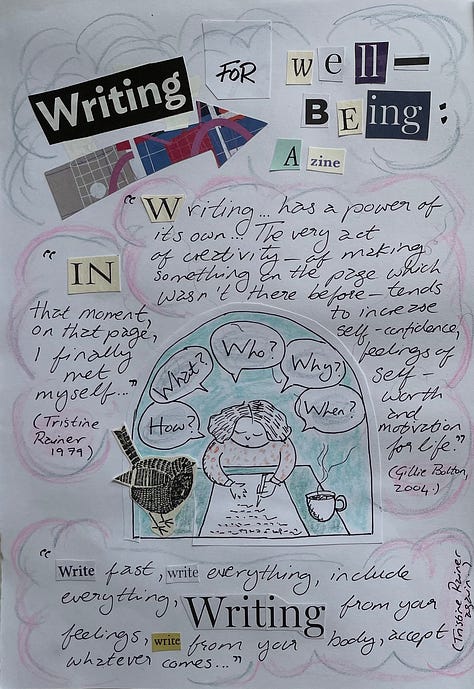 A zine made of collaged words and images that outline the health benefits of creative writing and offer a creative writing exercise.