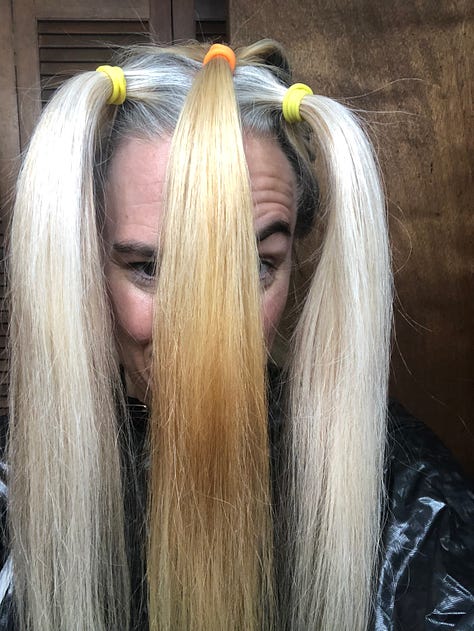 The author getting ready to re-dye and re-bleach her hair in sea-blues, pulls up the back of her hair where it's still brunette, in contrast to the silver roots on the top and sides of her head.