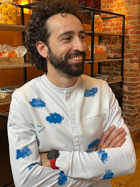 Three images of Italian chef Franco Aliberti wearing his trade mark white jacket decorated with a blue clouds