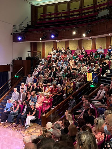 People at an awards ceremony including TV chef Mary Berry, and a picture of the audience. Also a glass of gin and tonice and a man waving in the street waiting to enter the awards.