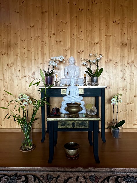 Buddhist monastery, trees, mediation cushion, shrines 