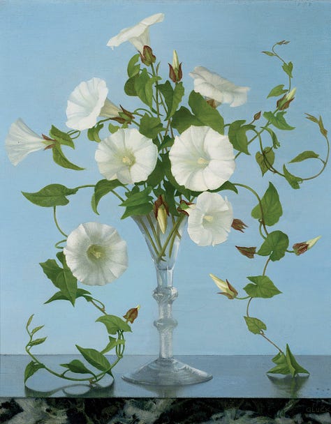 Three different works of art inspired by bindweed, a paper wreath buy the author Ling Warlow; a painting of a bindweed arrangement by Gluck; the Bindweed fairy illustrated by Cicely Mary barker