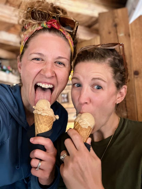 Picture of a girl eating an ice cream on a cone (gelato in Italy), identical twins eating gelato on a cone, and a girl dipping a spoon into a glass cup of yogurt with jam and berries.