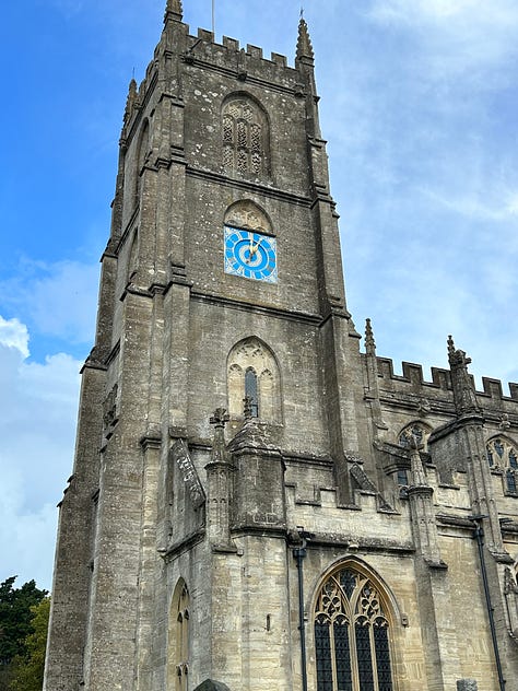 6 photos of the  Church of St Mary the Virgin, Steeple Ashton, Wiltshire. In the first photo you can see the bright blue clock face. In the second the sundial over the doorway is clearly visible. Other photos feature the church photographed from Church Lane and a footpath just off the lane.  Images: Roland's Travels 