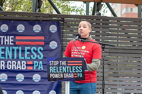 The photos show community members at a "Stop the Relentless Power Grab PA" rally