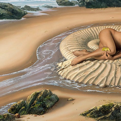 LEFT: Detail from KAIROS featuring a naked woman lying on a large ammonite fossil. Water forms a ring around the spiral as it retreats in a line exiting over the smooth sand. CENTER: Close detail from the figure study for KAIROS featuring the gingko leaf which is actually the larger split fan of the leaf with another small leaf overlapping in front. RIGHT: Closer detail from KAIROS featuring the ginkgo leaf against the smooth skin of the woman’s calf. Small shards crack off the ammonite as the water retreats over smooth sand. In the immediate foreground mossy rocks jut out of the sand.