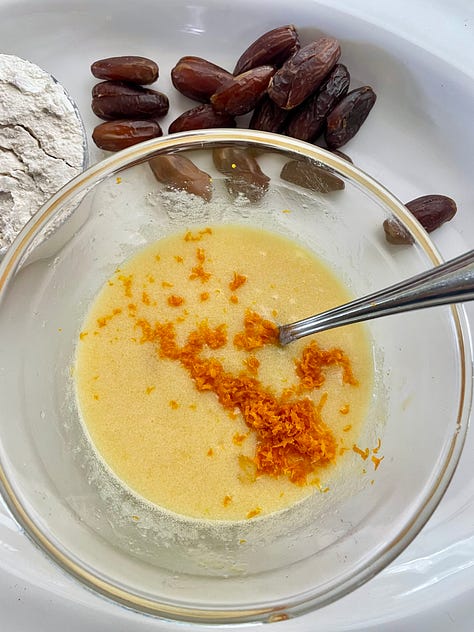 a bowl with batter and orange zest, then with a mixed very thick batter, and last powdered sugar and orange juice to mix for a glaze