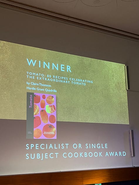 People at an awards ceremony including TV chef Mary Berry, and a picture of the audience. Also a glass of gin and tonice and a man waving in the street waiting to enter the awards.